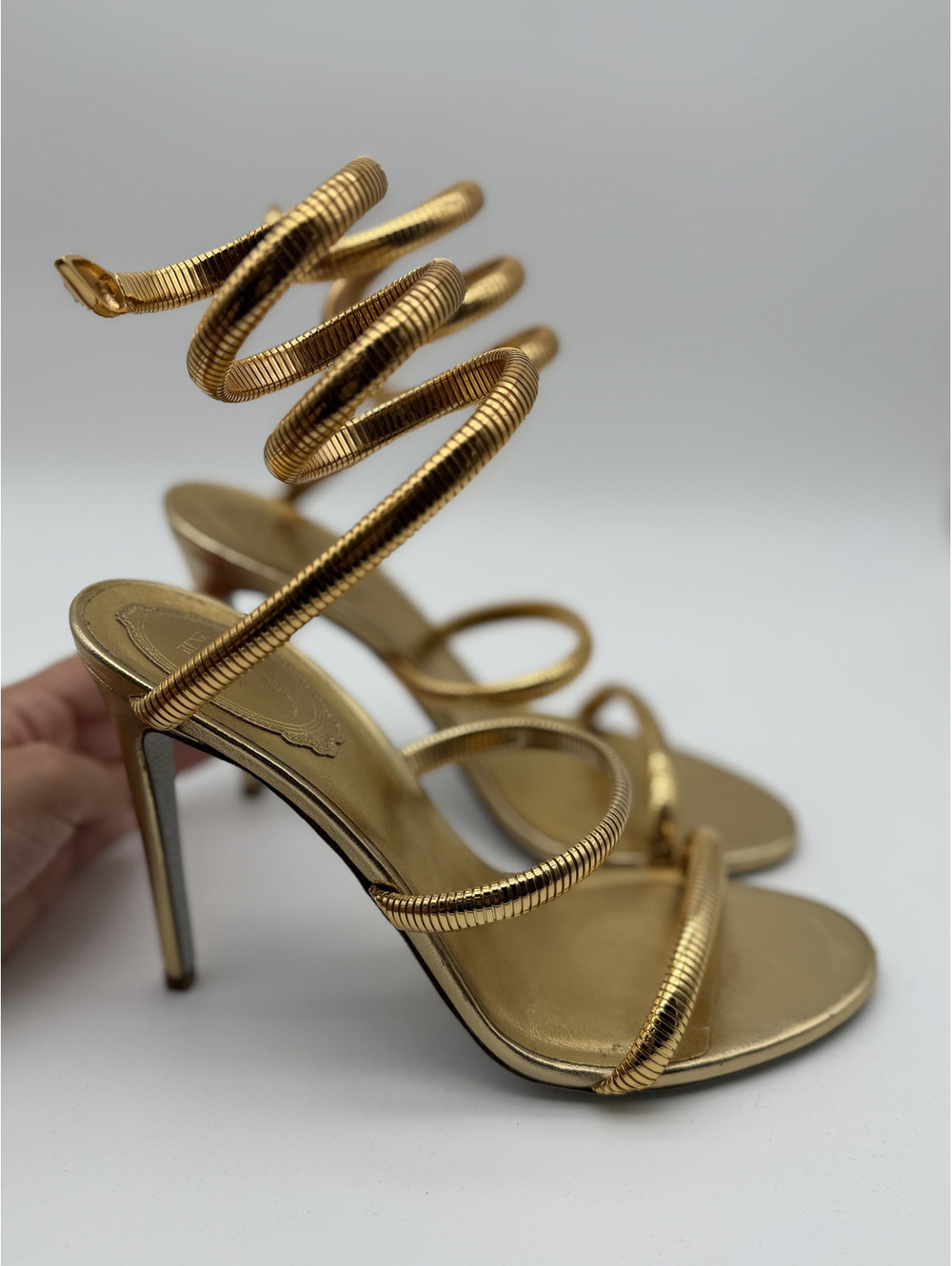 Rene Caovilla Gold Snake Spiral-Wrap Stiletto Heel, Size 38 - Picture 3 of 16